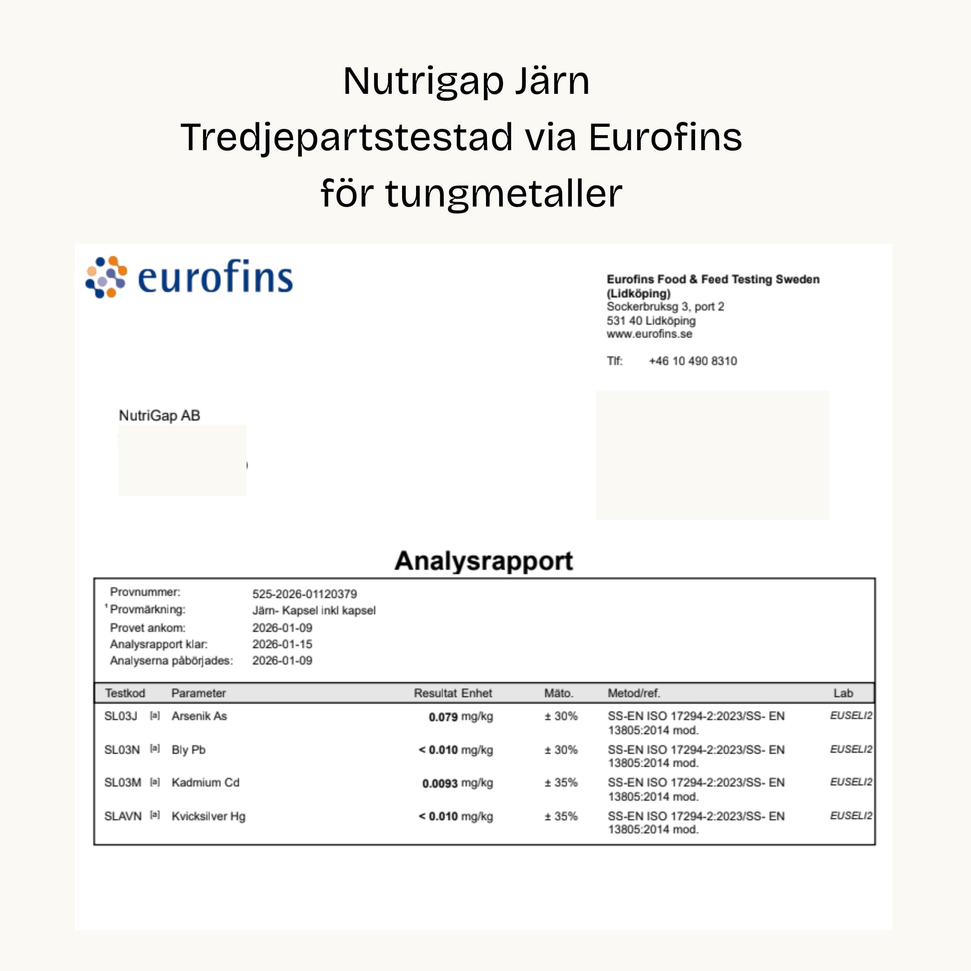 Nutrigap Järn test Eurofins tungmetaller